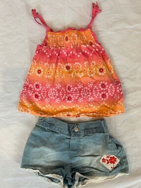Kids Headquarters Pink and Orange Floral Tie-Shoulder Tank and Denim Shorts Set